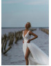 V Neck White Organza Slit Sexy Beach Wedding Dress